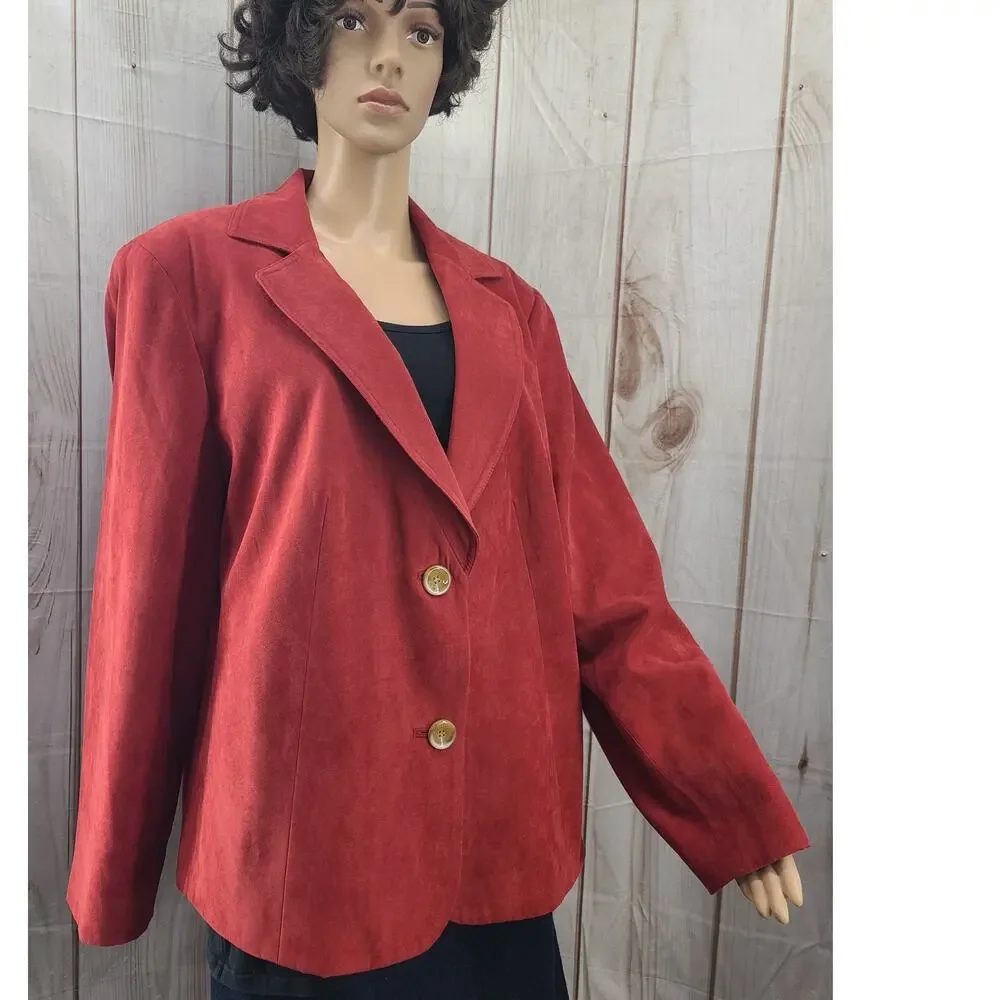 Judith Hart Women's Sz 16W 2 Button Faux Suede Red Blazer Jacket Silky Lining